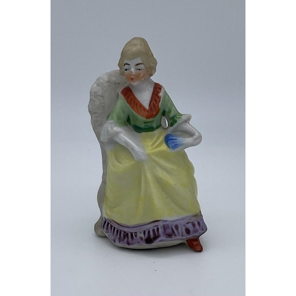 Vintage Figurine 4" Victorian Lady Blushing Hand Painted Porcelain Marked Japan
